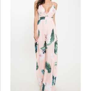 Tropical print wide leg jumpsuit with tie back
